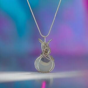 Wire wrapped opalite moon with sea glass teardrop pendant